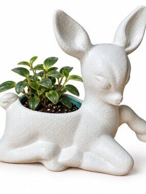 Royal Haegar Sitting White Fawn Deer Small Planter R-1913 Lava Finish Vintage